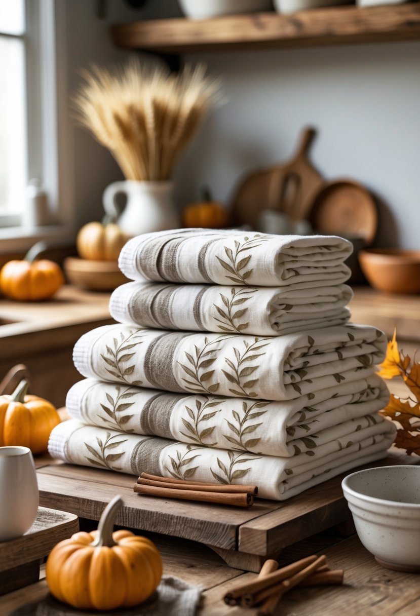 21 Fall Farmhouse Decor Ideas 2025: Fresh Seasonal Inspiration for Your Home 22 Neutral cotton kitchen towels with leaf prints arranged on a wooden countertop with autumn decorations including pumpkins and dried wheat.