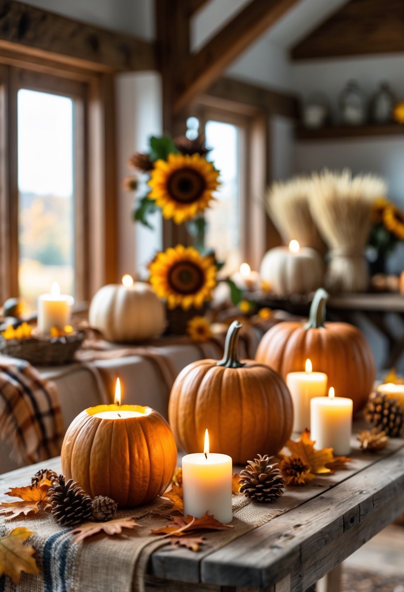 21 Fall Farmhouse Decor Ideas 2025: Fresh Seasonal Inspiration for Your Home 23 A wooden table with several pumpkins holding lit candles surrounded by autumn leaves and flowers in a cozy farmhouse setting.