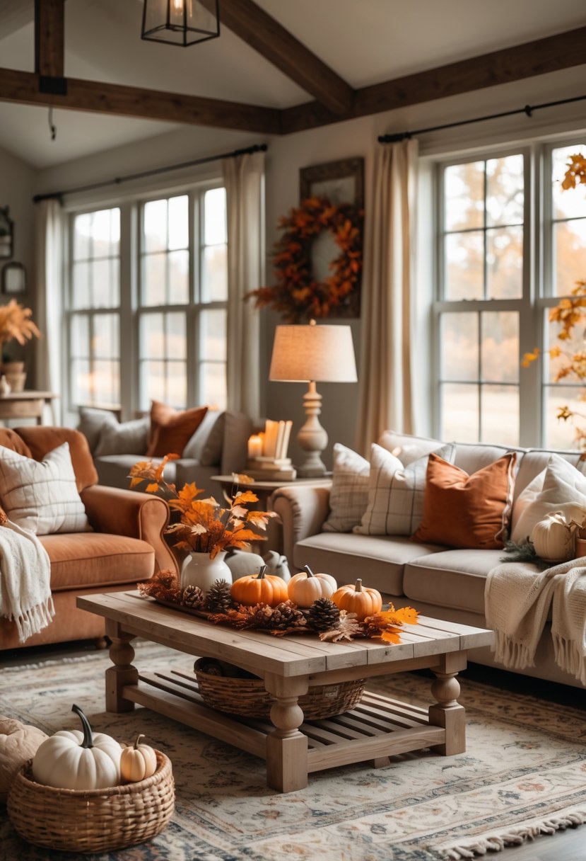 21 Fall Farmhouse Decor Ideas 2025: Fresh Seasonal Inspiration for Your Home 25 A cozy living room decorated for fall with pumpkins, warm-colored cushions, wooden furniture, and natural light coming through large windows.