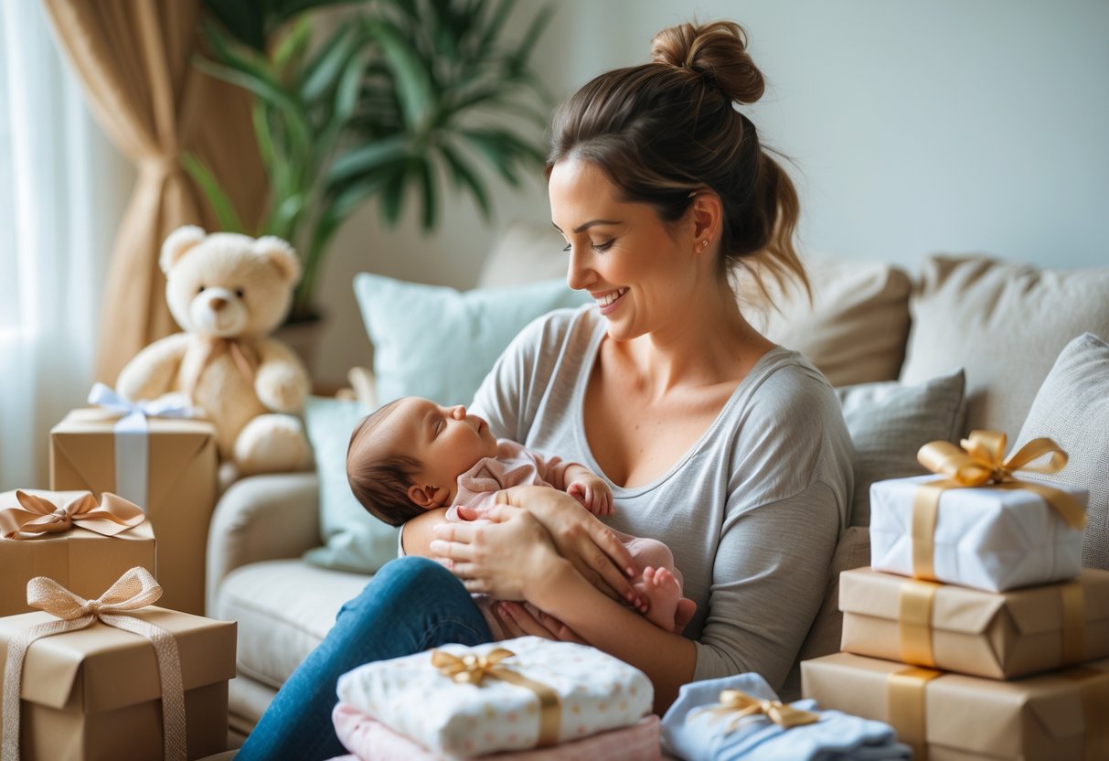 A young mother holding her newborn baby surrounded by wrapped gifts and baby items in a cozy living room.