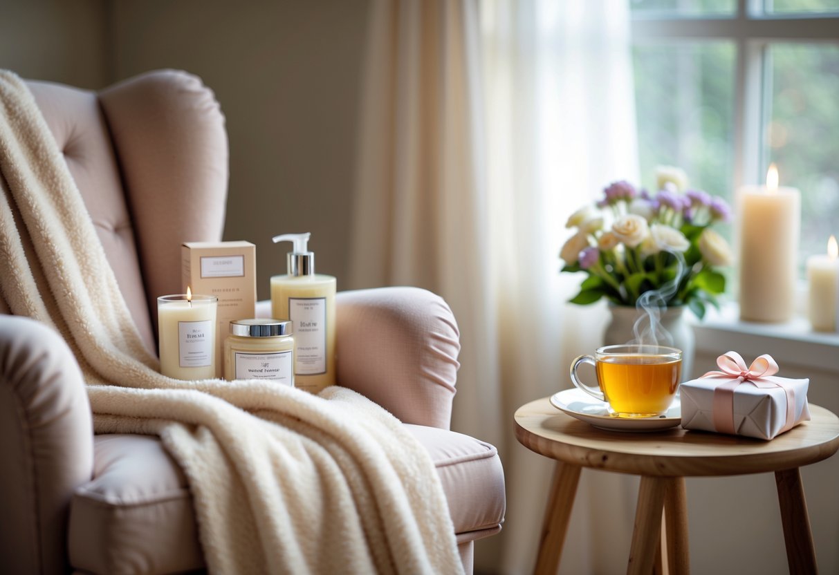 A cozy armchair with a warm blanket, surrounded by scented candles, skincare products, flowers, a cup of tea, and a wrapped gift box in a softly lit room.