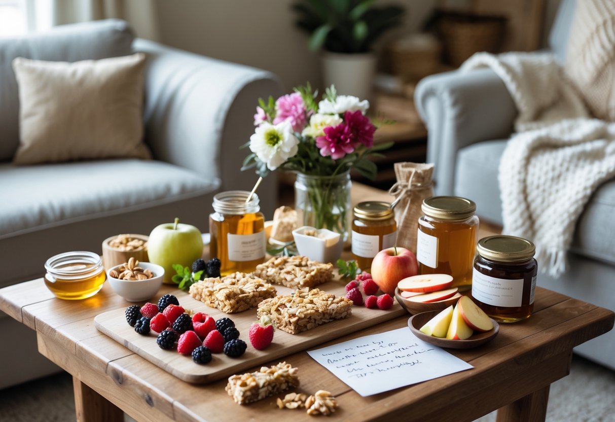 A table with healthy snacks, fresh fruit, honey jars, herbal tea, flowers, and a note card in a cozy living room setting.