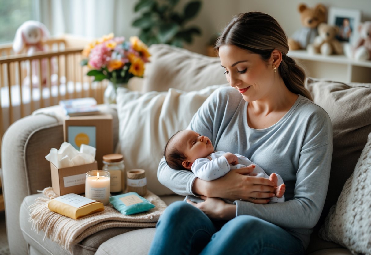 A young mother holding her newborn baby on a couch surrounded by thoughtful gift items like flowers, a blanket, and a care package in a cozy living room.