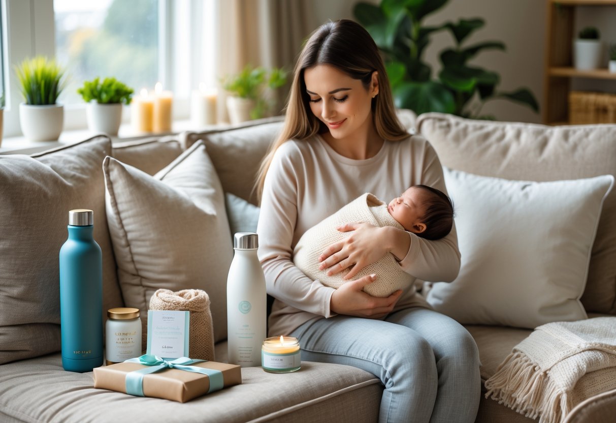 A young mother holding her newborn baby on a sofa surrounded by everyday comfort items and gift boxes in a cozy living room.
