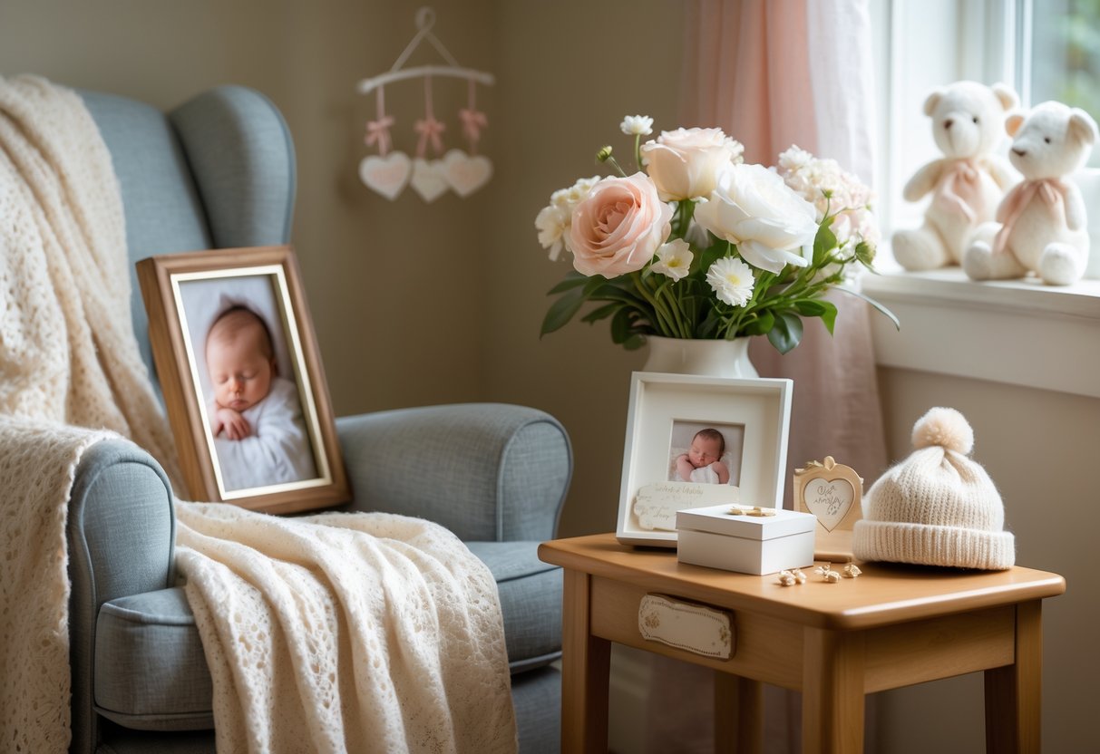 A cozy nursery corner with a comfortable chair, baby blanket, personalized photo frame, small jewelry box, knitted baby hat, and flowers on a wooden table.