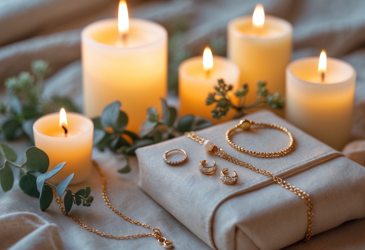 A cozy arrangement of glowing candles next to delicate jewelry pieces on a soft fabric surface.