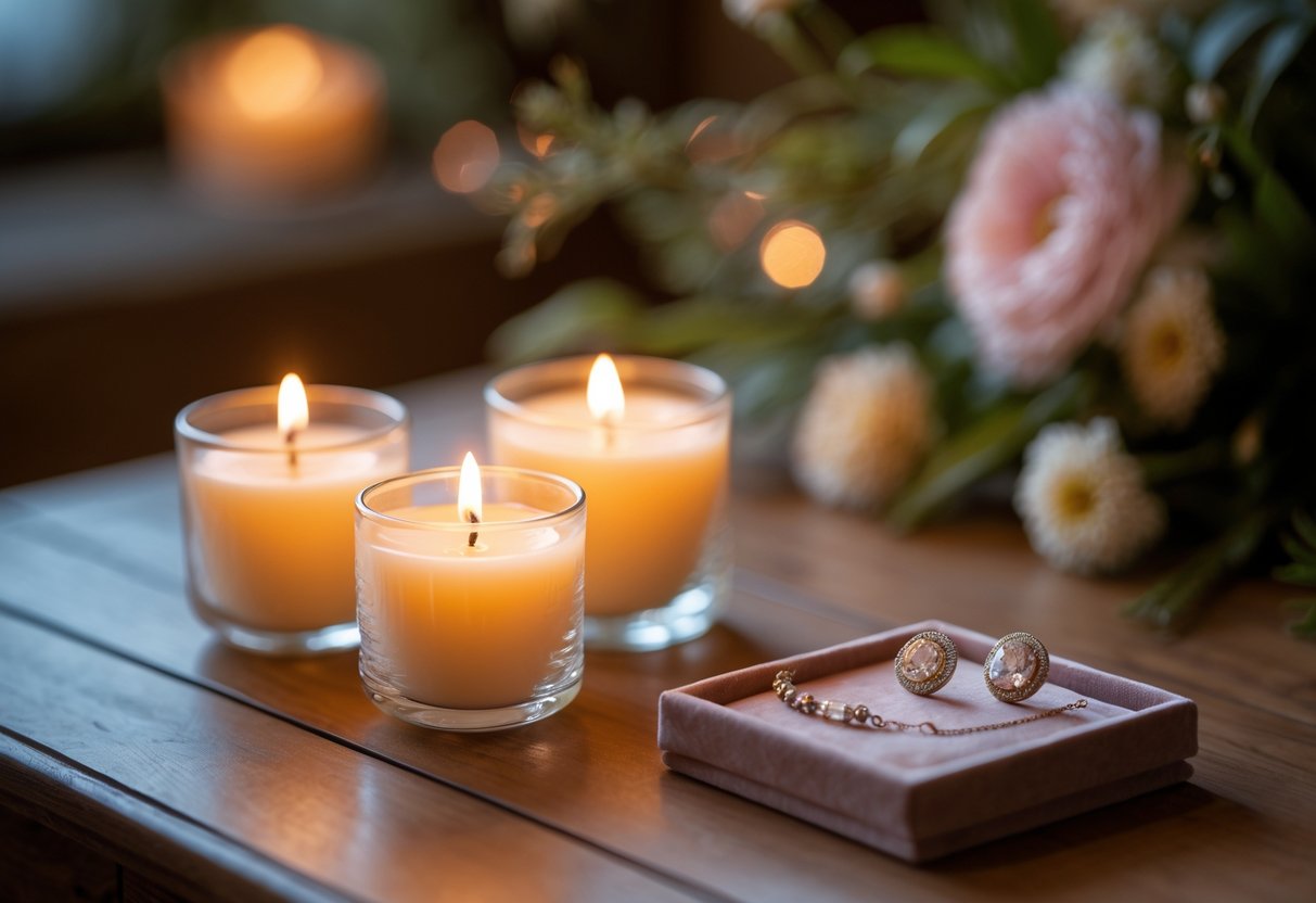 A cozy arrangement of lit candles and sparkling jewelry displayed together on a wooden surface with soft natural lighting.