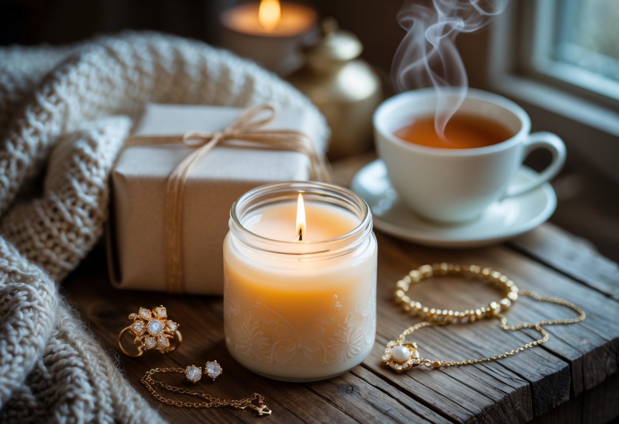 A candle lit on a wooden table next to jewelry pieces, a knitted blanket, and a cup of tea, creating a cozy gift scene.
