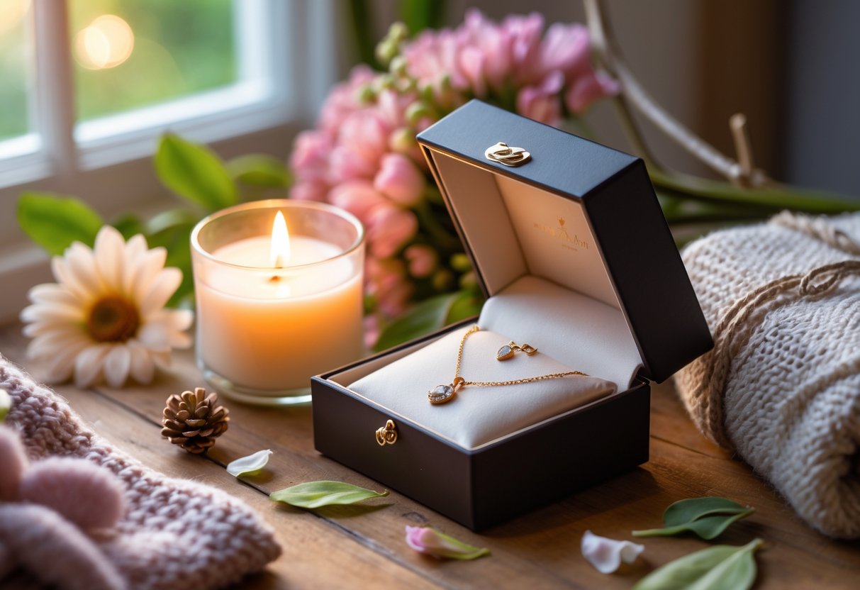 A cozy gift setup with an open jewelry box showing a necklace and earrings, a lit candle, a knitted blanket, and flowers on a wooden table.