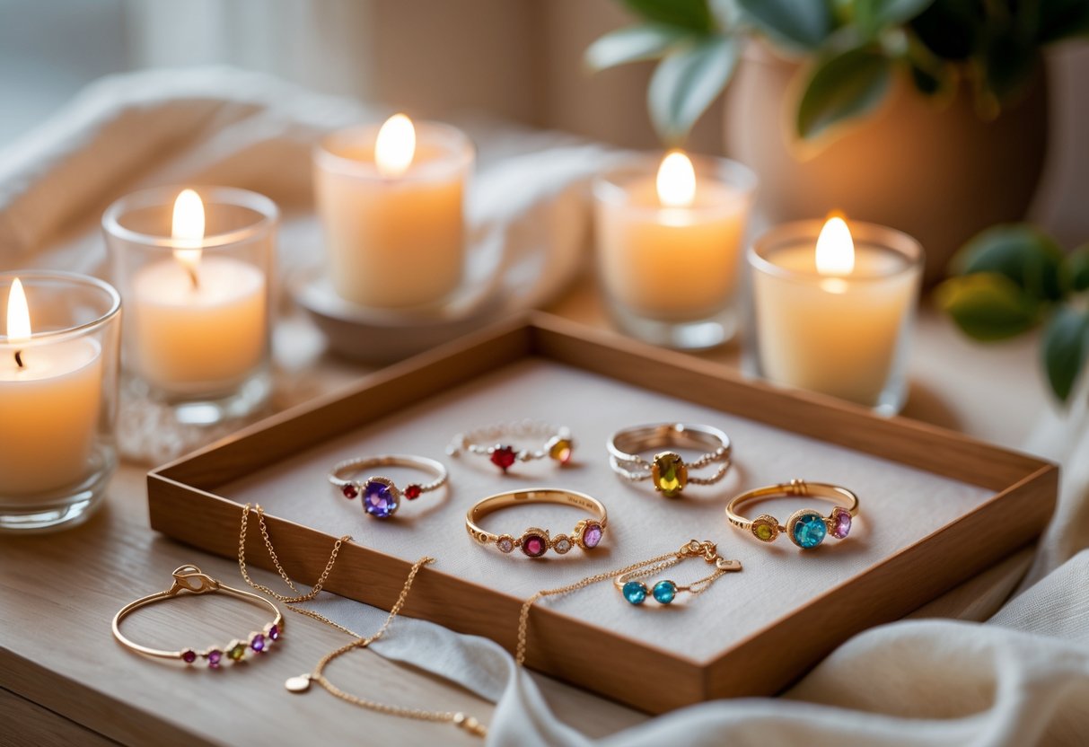 A collection of colorful birthstone jewelry displayed next to lit candles on a wooden surface in a cozy home setting.