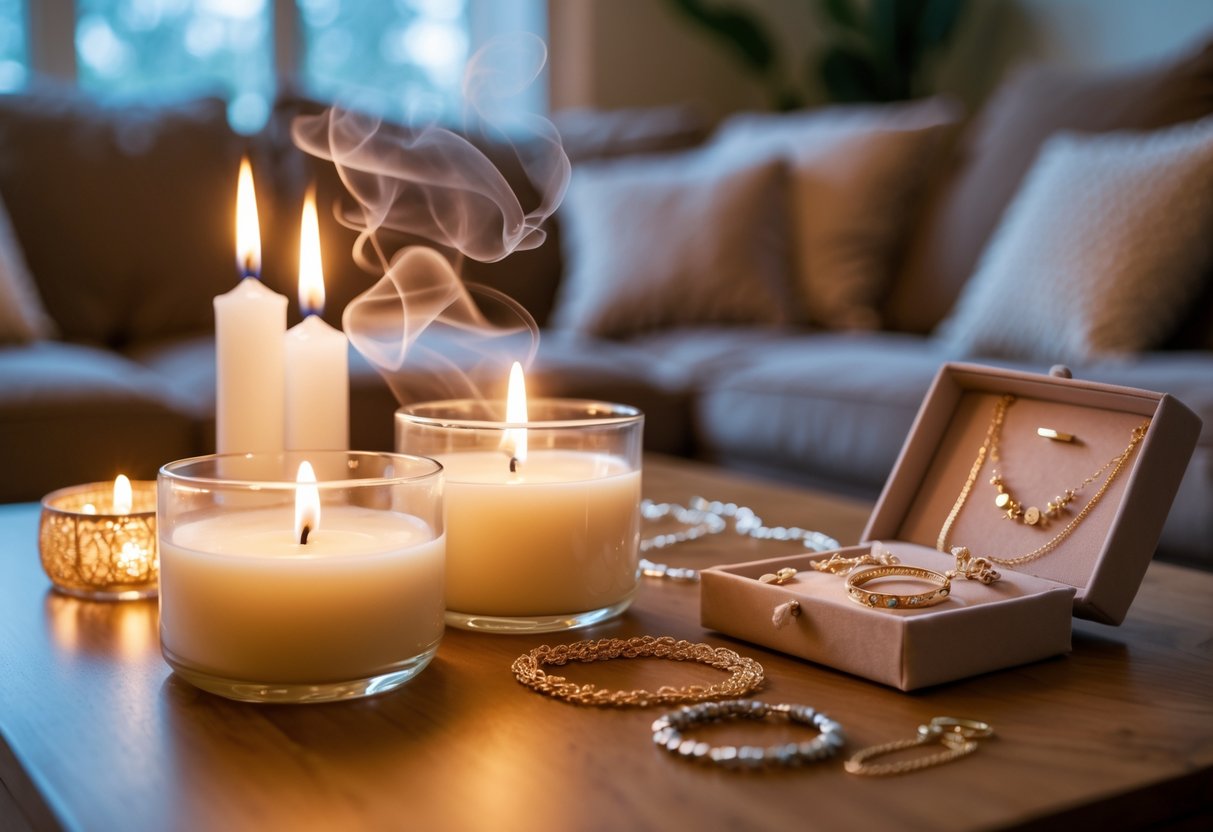 A cozy indoor scene with lit candles on a wooden table next to an open jewelry box displaying necklaces and rings.