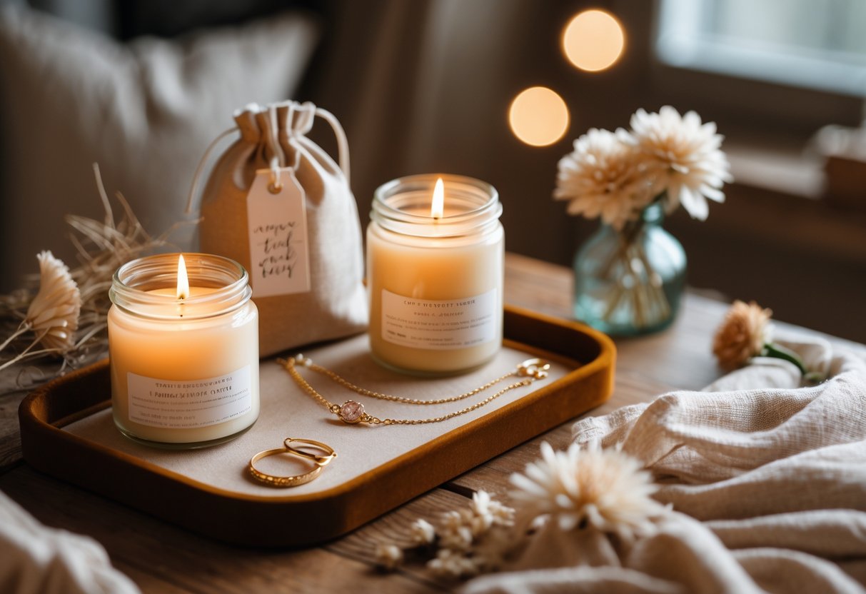 A gift set with lit candles and jewelry arranged on a wooden table in a cozy room with natural light.