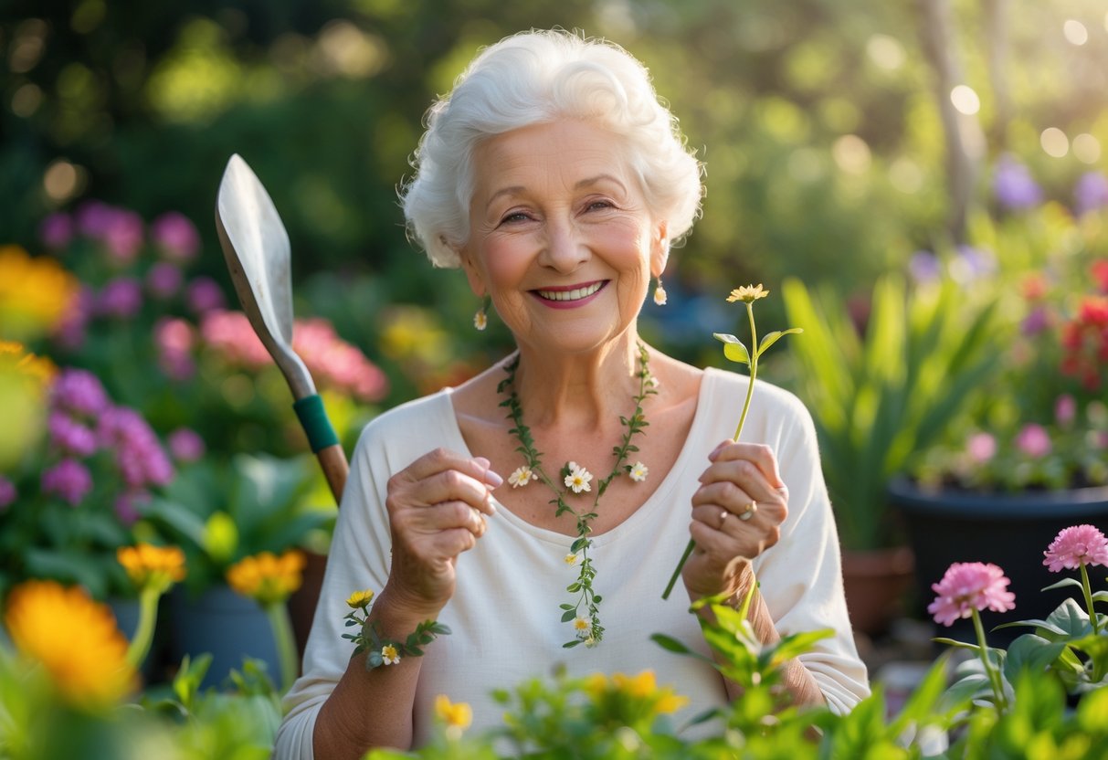 An elderly grandmother smiling in her garden wearing flower and leaf-inspired jewelry, holding a flower and a gardening tool.