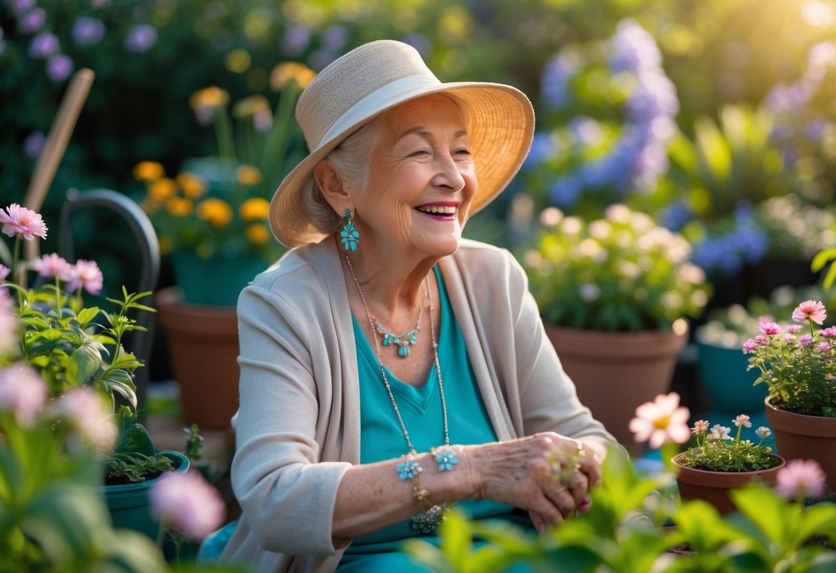 An elderly grandmother in a garden wearing nature-inspired jewelry and surrounded by flowers and gardening tools.