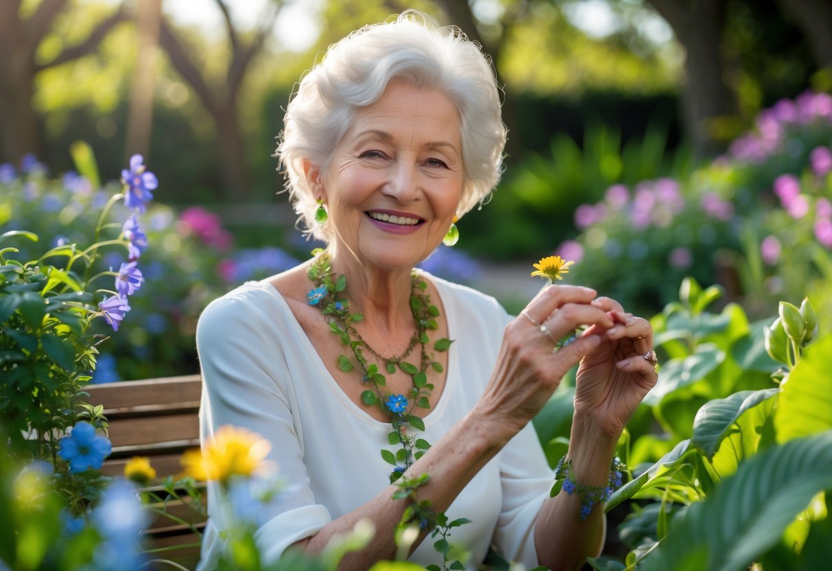 An elderly woman in a garden wearing flower and leaf-themed jewelry, surrounded by blooming plants and holding a gardening tool.