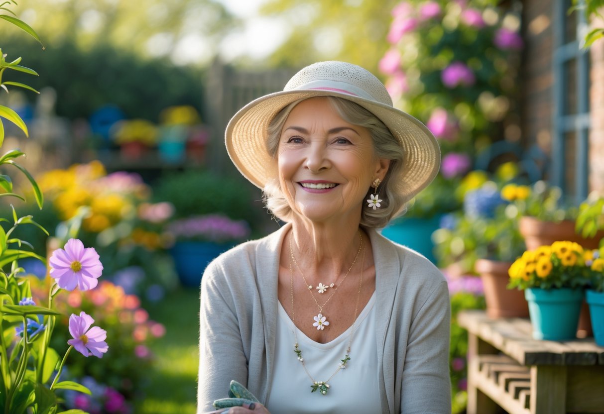 A grandmother wearing flower-themed jewelry smiles while sitting in a colorful garden surrounded by blooming flowers and gardening tools.