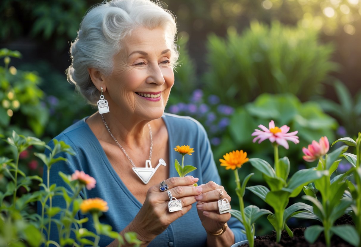 A grandmother smiling in a garden wearing jewelry inspired by gardening tools, surrounded by plants and flowers.