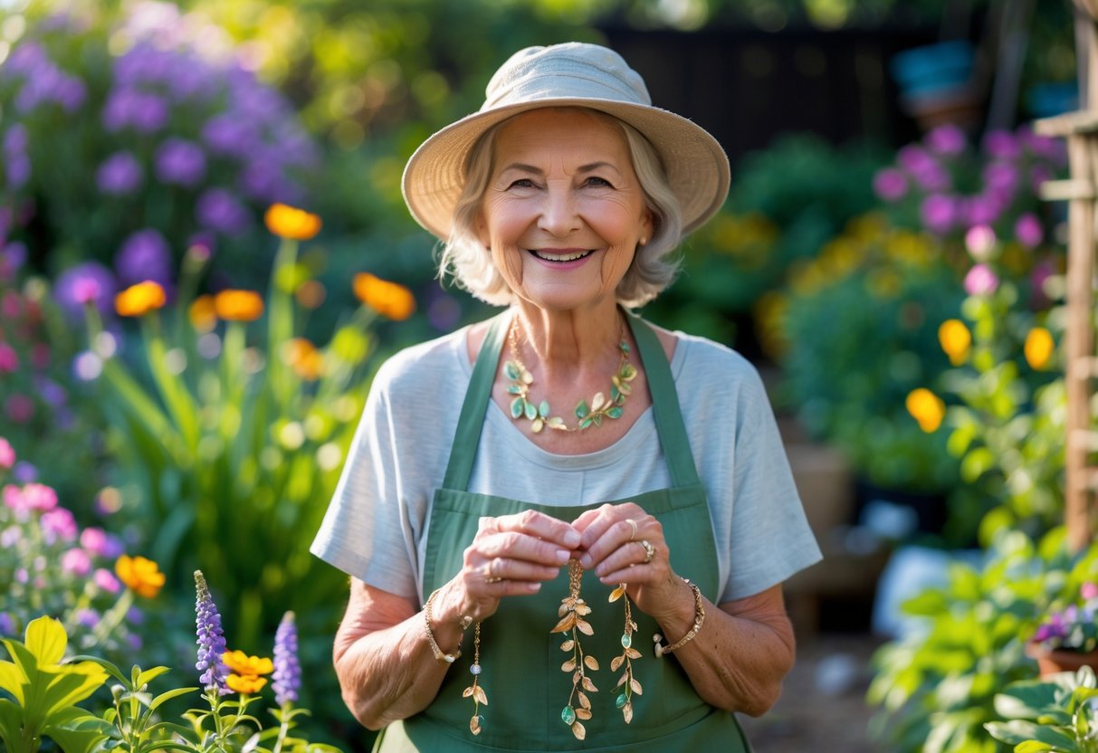 An elderly woman standing in her garden, holding jewelry with floral designs, surrounded by blooming flowers and plants.