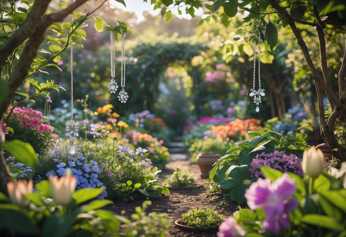 A garden with flowers and greenery displaying jewelry pieces like necklaces, rings, and earrings arranged naturally among the plants.