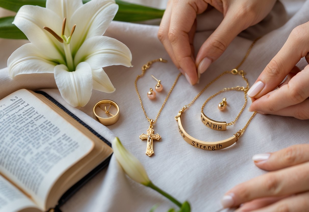 Close-up of elegant jewelry including a cross necklace, engraved bracelet, and earrings displayed with a Bible, white lily, and hands holding the necklace.