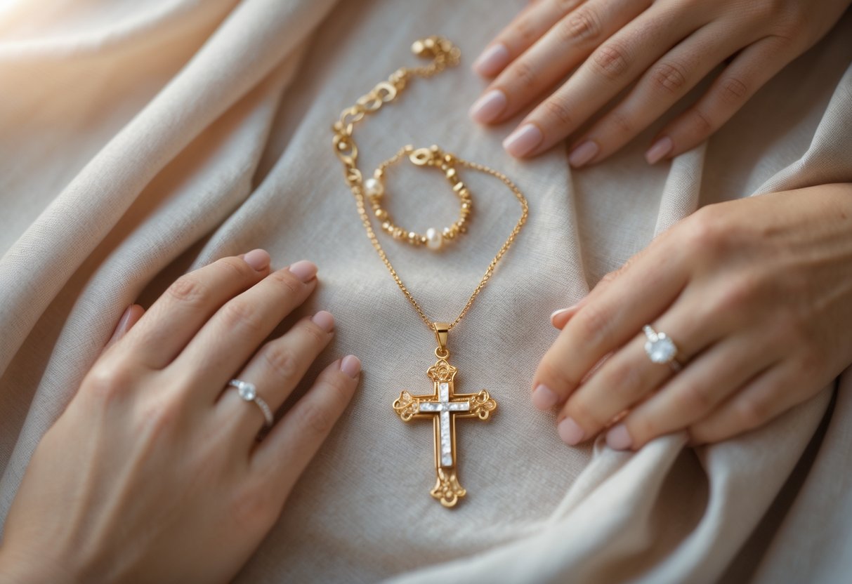 Close-up of elegant jewelry including a cross necklace and bracelet arranged on soft fabric with a woman's hand nearby.