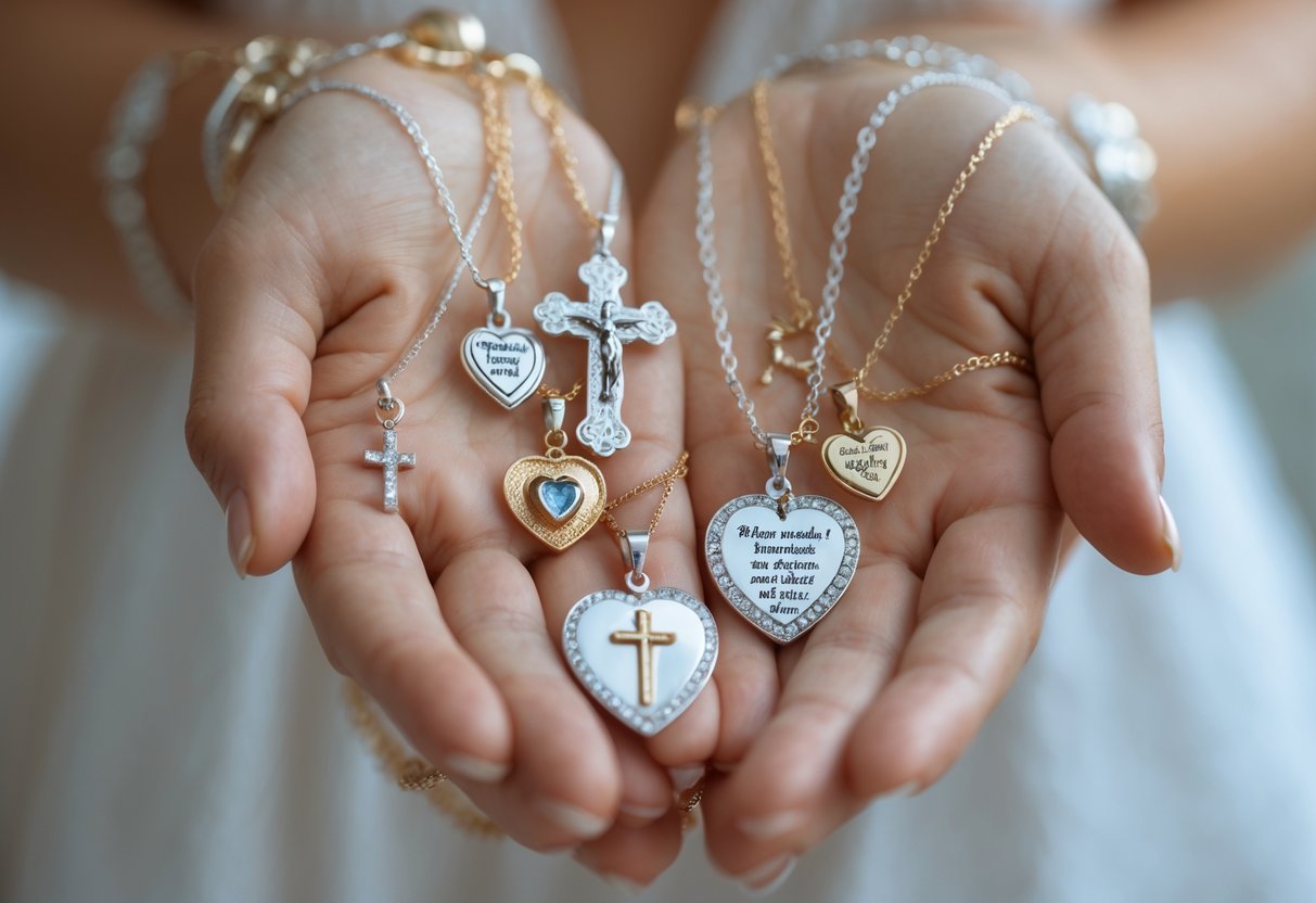 Close-up of a woman's hands holding several pieces of jewelry including crosses and heart-shaped pendants.