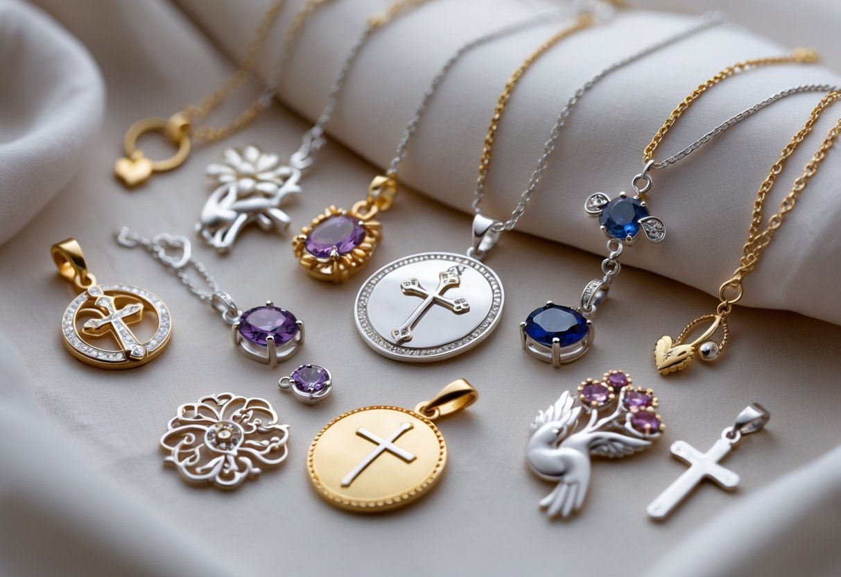 Close-up of various pendants and charms featuring crosses, hearts, and floral designs laid out on fabric.