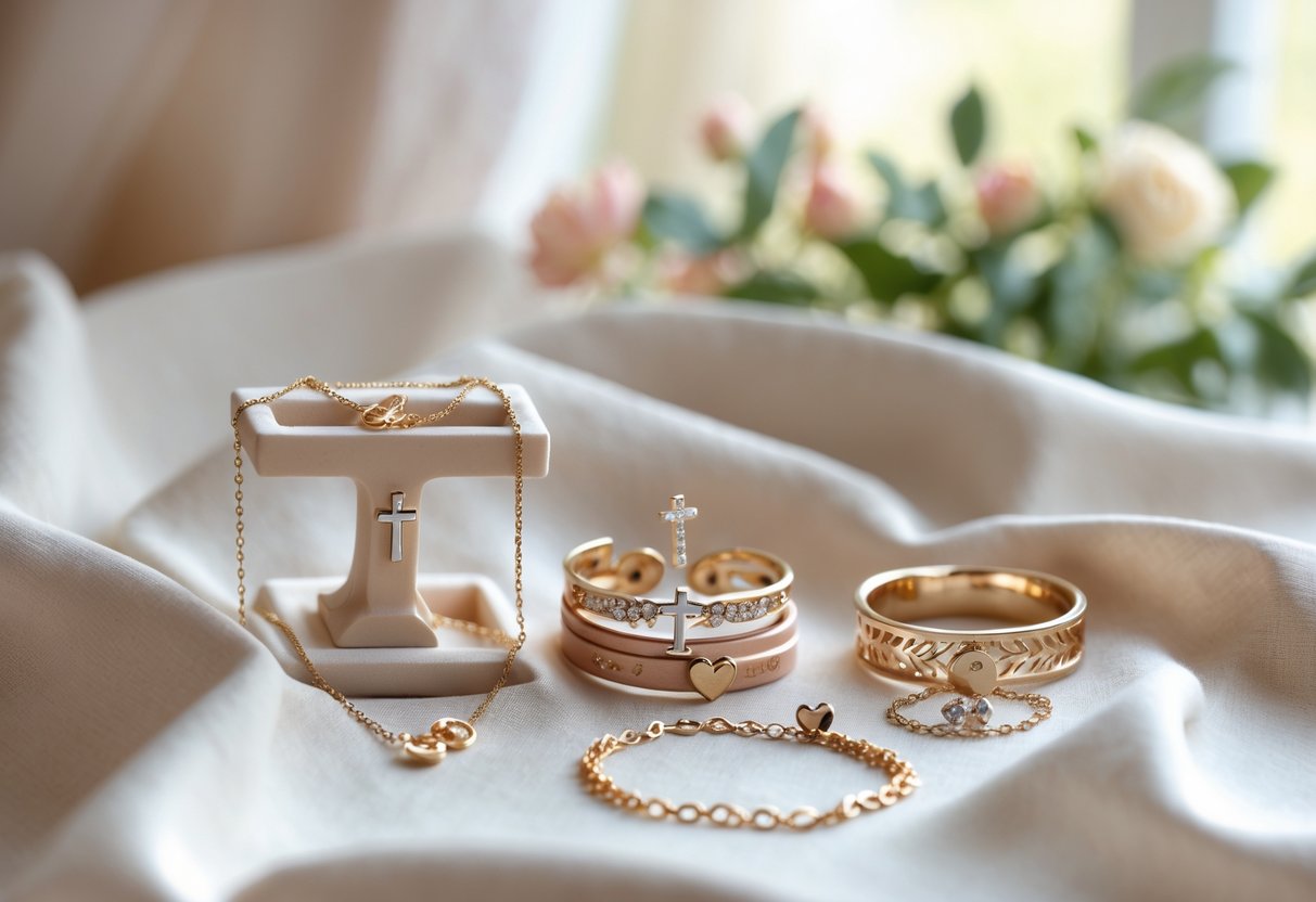A close-up of faith-inspired jewelry pieces including necklaces and bracelets arranged on a soft fabric background.