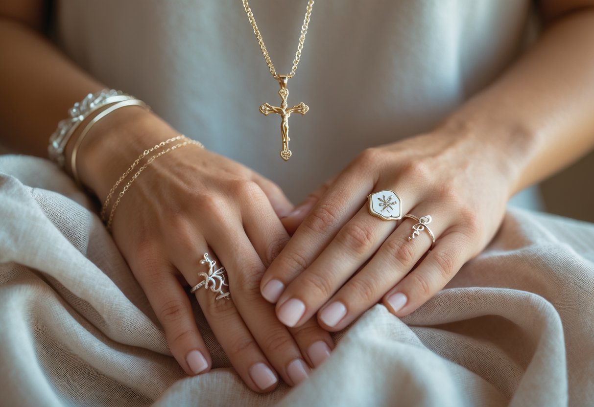 Close-up of a woman's hands wearing jewelry including a cross necklace, bracelet, and ring, resting gently on a soft background.