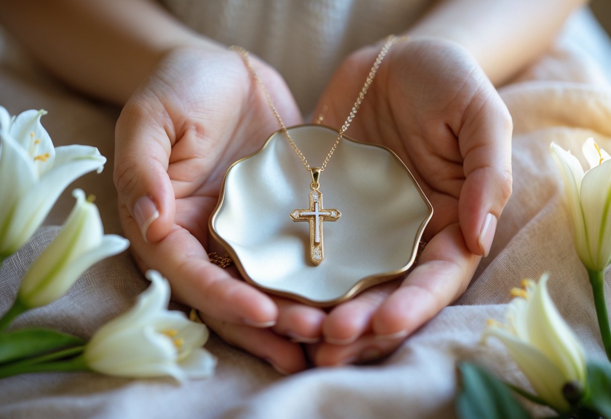 Close-up of a woman's hands holding a faith-inspired pendant necklace over a soft fabric with flowers and natural light in the background.
