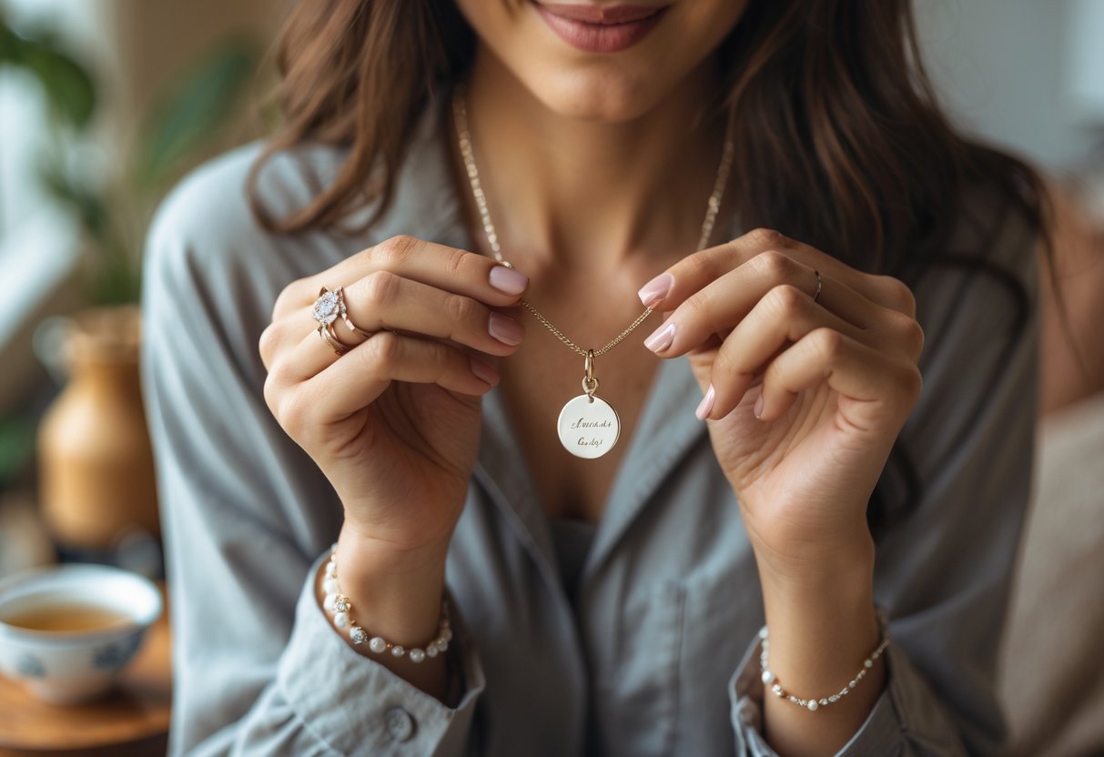 Close-up of a woman's hands wearing personalized jewelry, including a necklace and bracelet, in a cozy home setting.