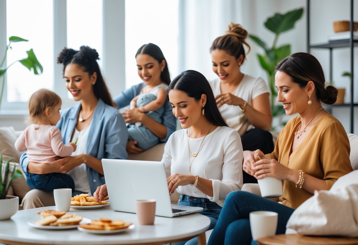 Several moms in a bright living room wearing simple jewelry while caring for children and working.