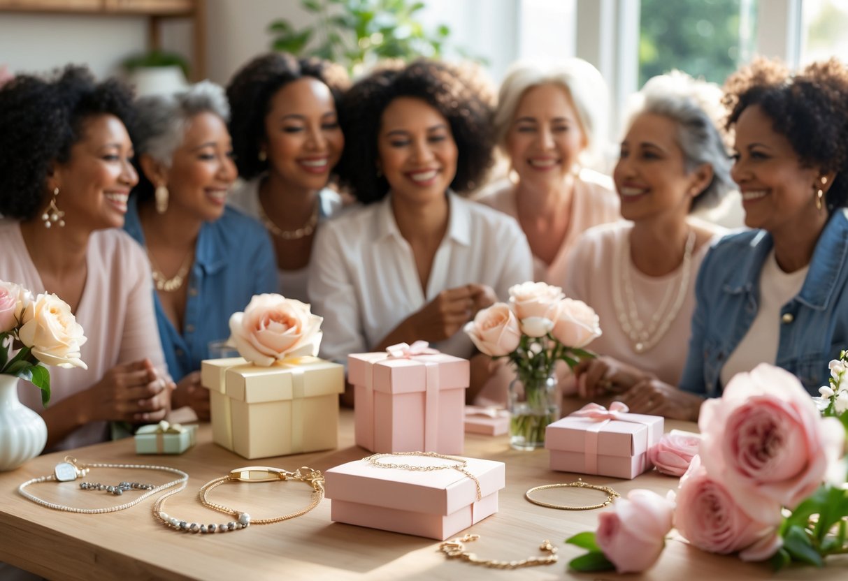 A group of smiling mothers surrounded by elegant jewelry and gift boxes in a sunlit room decorated with flowers.