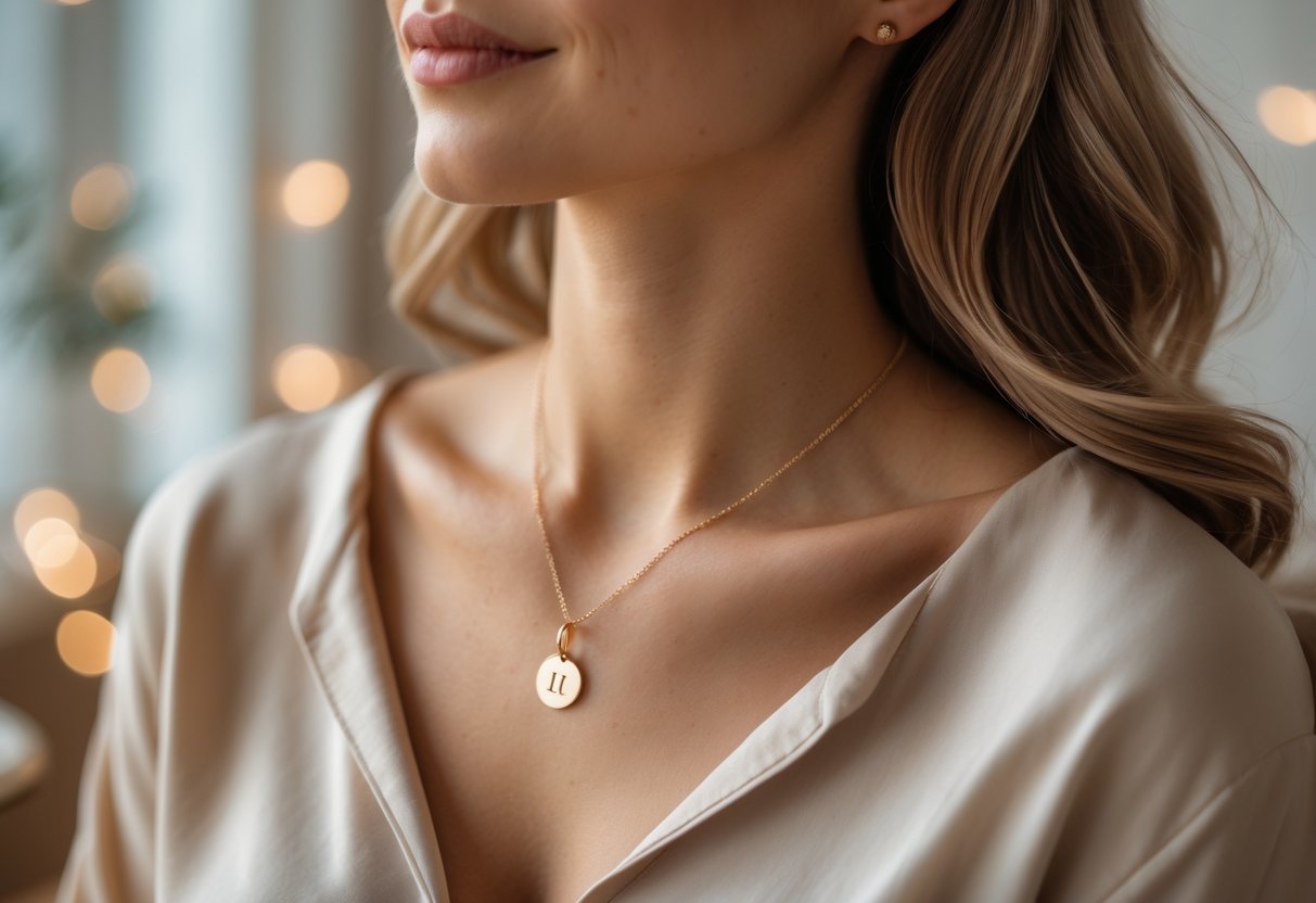 Close-up of a woman wearing a delicate initial necklace around her neck.