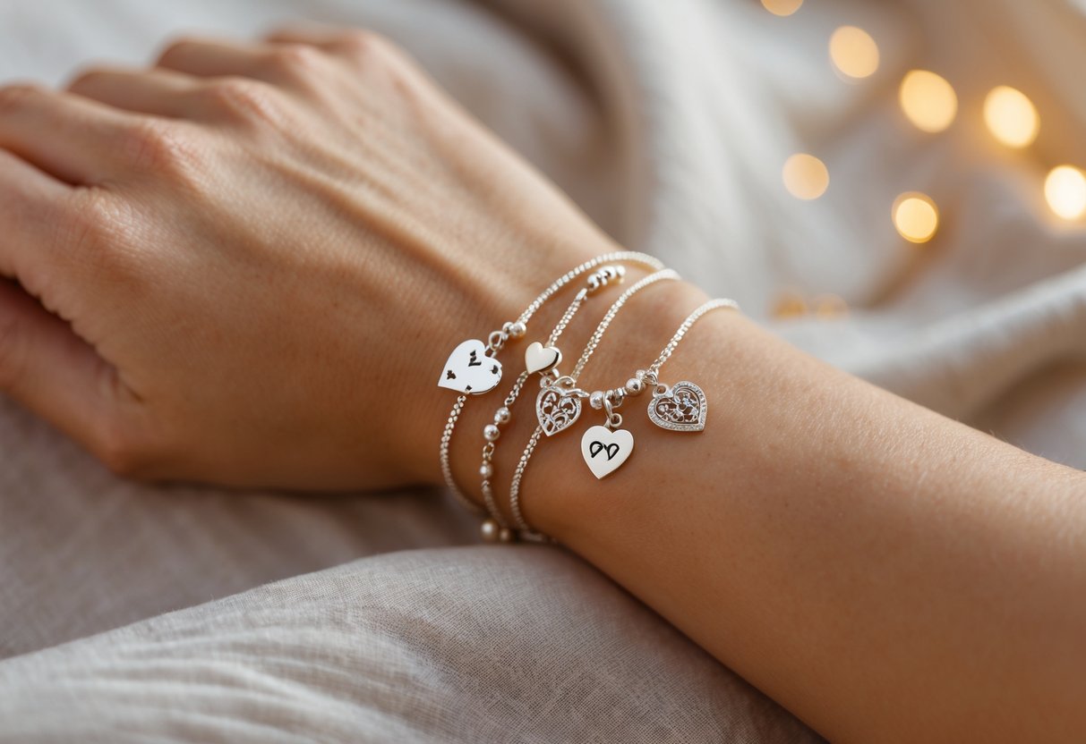 Close-up of a woman's wrist wearing a charm bracelet with various delicate charms.