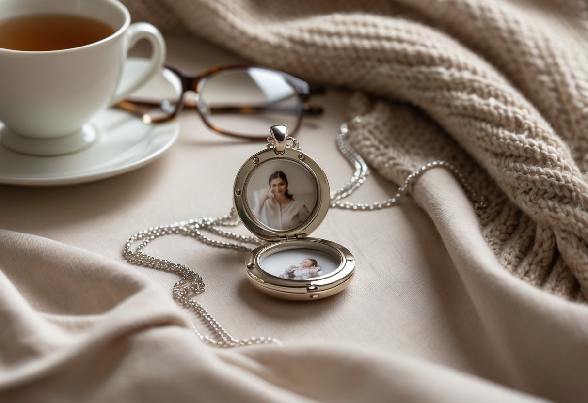 A silver locket necklace open to show a small photo, placed on soft fabric with a cup of tea, reading glasses, and a knitted sweater nearby.