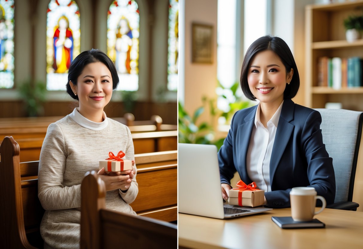 A mother sitting in a church pew holding a gift and the same mother at an office desk with a gift, showing her in two different roles.