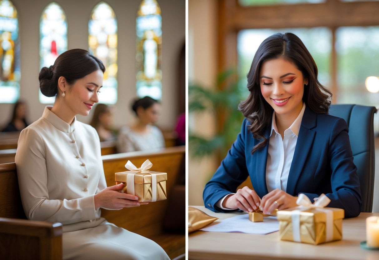 A group of moms in a church pew and at an office desk exchanging gifts, showing appreciation in different roles.
