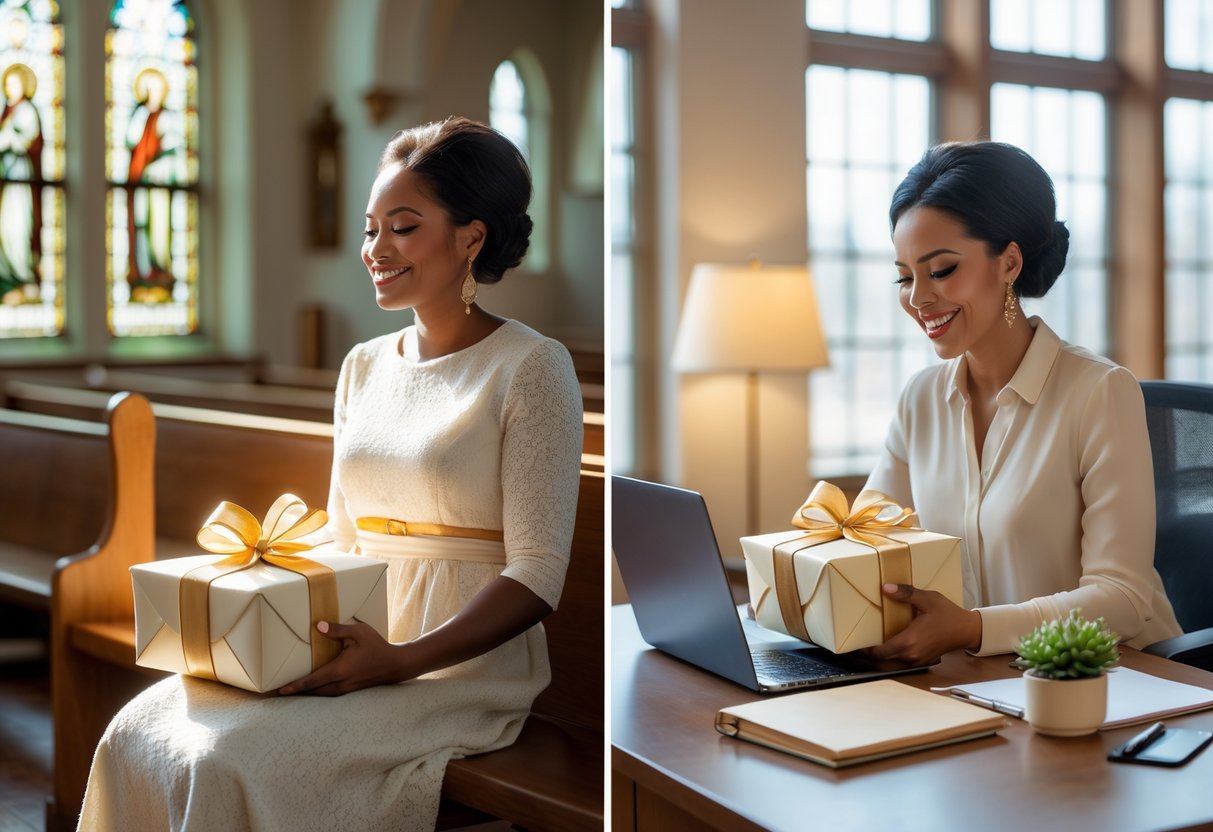 A mom sitting in a church pew holding a gift on one side and the same mom smiling at a gift on her office desk on the other side.