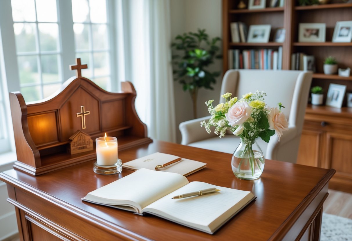 A home office desk with wooden church pew-inspired details, decorated with a small cross, candle, open journal, and flowers, bathed in natural light.