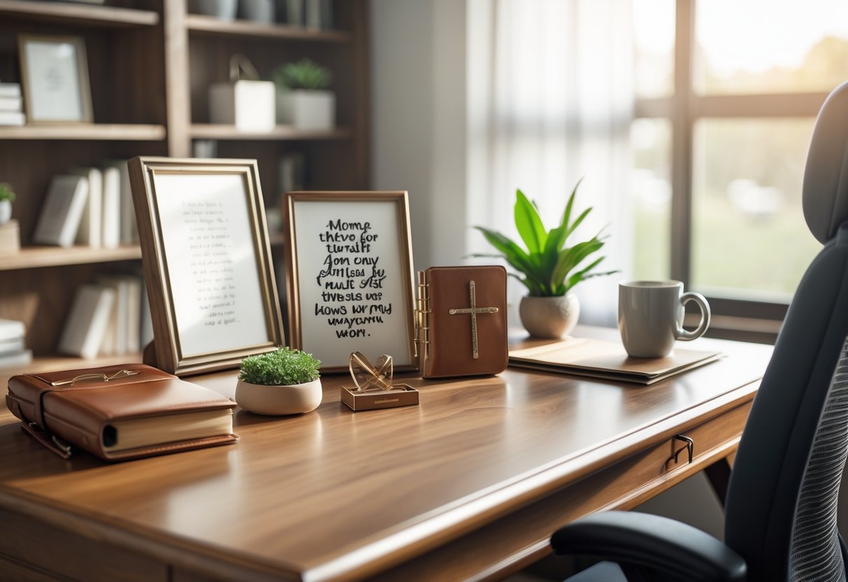 An office desk with practical gifts including a planner, pen holder, small plant, cross-shaped paperweight, and coffee mug, with warm natural light and a cozy, organized workspace.