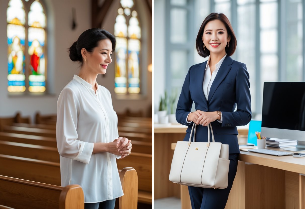 A mom moving between a church pew and an office desk, showing her in both a prayerful pose and working at a laptop.
