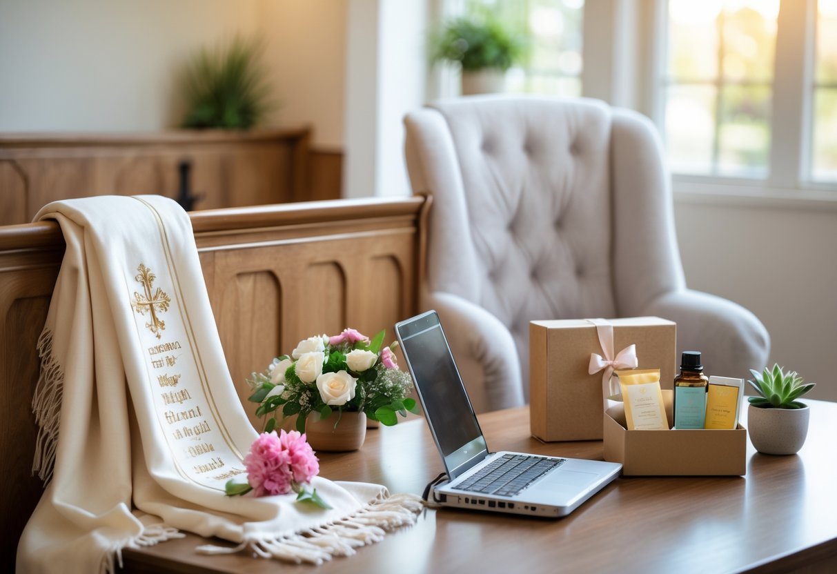 A cozy scene showing a wooden church pew with a prayer shawl and flowers next to a modern office desk with a laptop, candle, and wellness gifts, bathed in warm natural light.