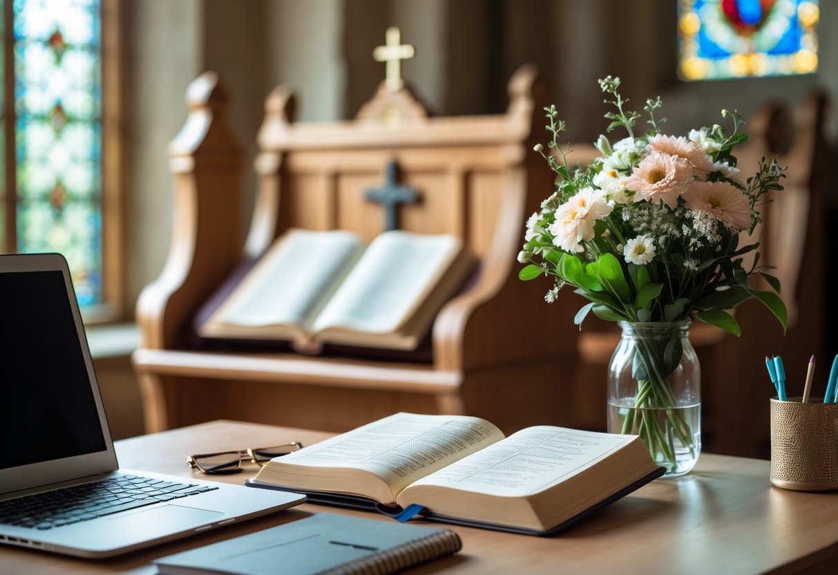 A cozy office desk with a devotional journal, fresh flowers, and a laptop, with a blurred church pew and stained glass window in the background.