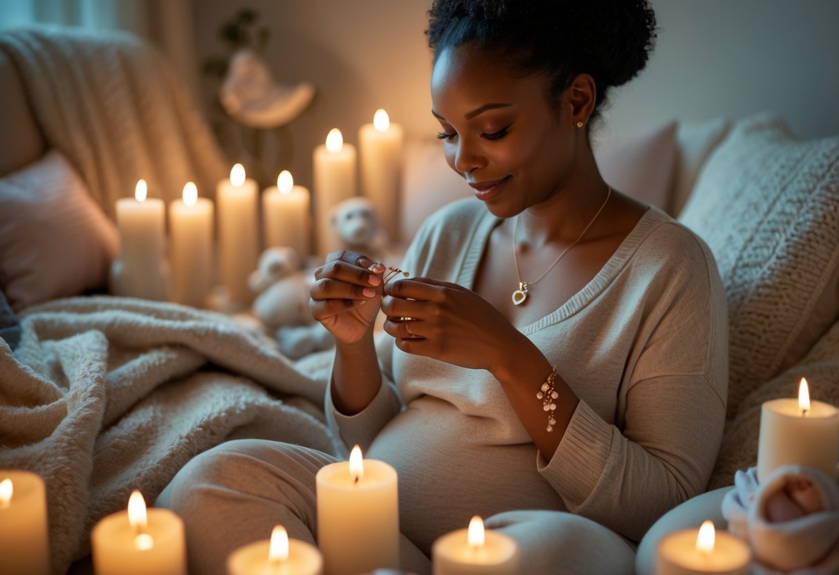 A first-time mom sitting in a softly lit room holding a delicate jewelry keepsake with candles glowing around her.