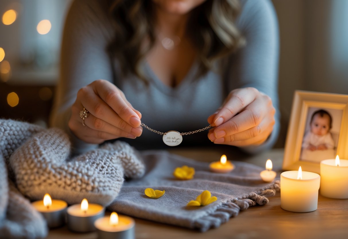 A first-time mom holding a personalized bracelet near candlelight, surrounded by baby keepsakes on a wooden table.