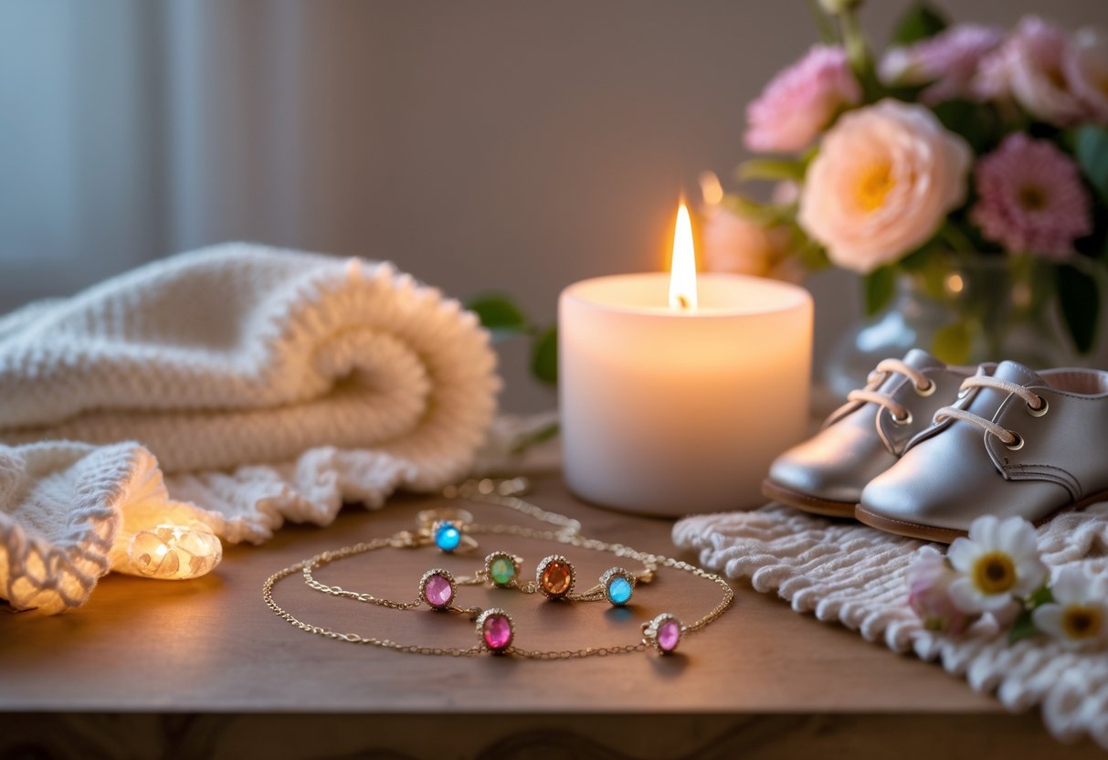 Close-up of birthstone and initial jewelry displayed on a table with a lit candle, baby shoes, a soft blanket, and flowers nearby.