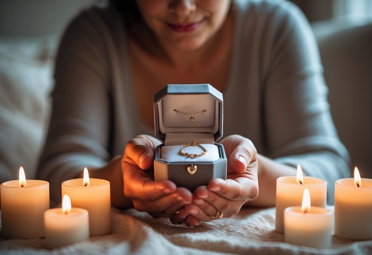 A first-time mother holding an open jewelry box near lit candles, looking emotional and reflective.