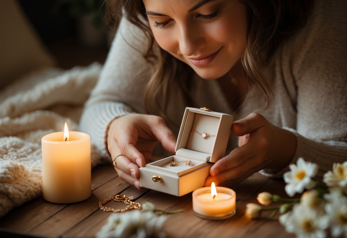 A first-time mother holding a small jewelry box near a lit candle in a cozy room, reflecting on precious memories.