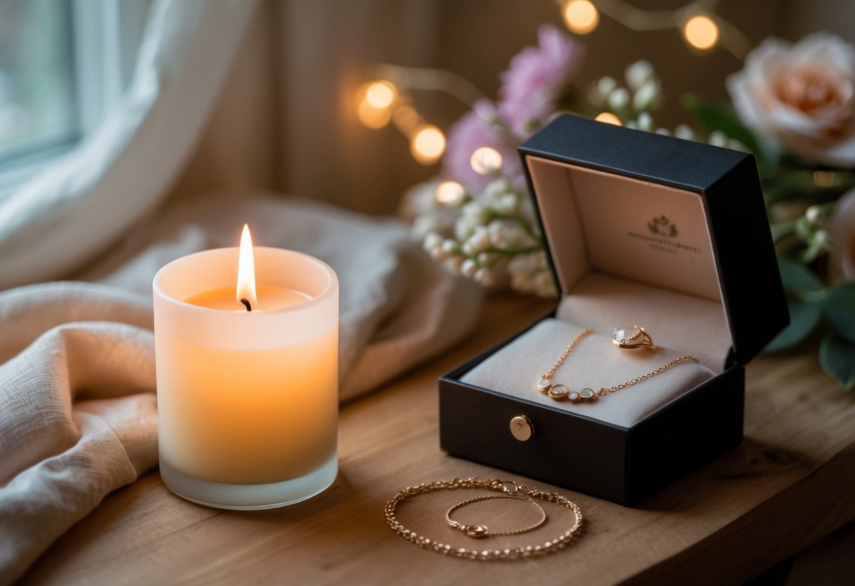 A glowing candle next to an open jewelry box with delicate jewelry on a wooden table surrounded by soft decorations.